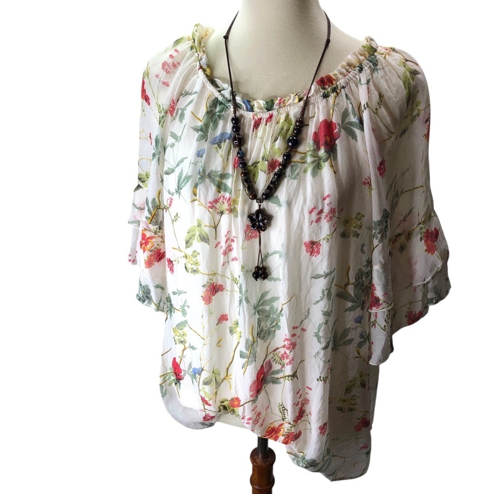 Bellambra Italian Silk Floral Blouse Top Sz L Feminine Romantic Boho Tunic Flowy